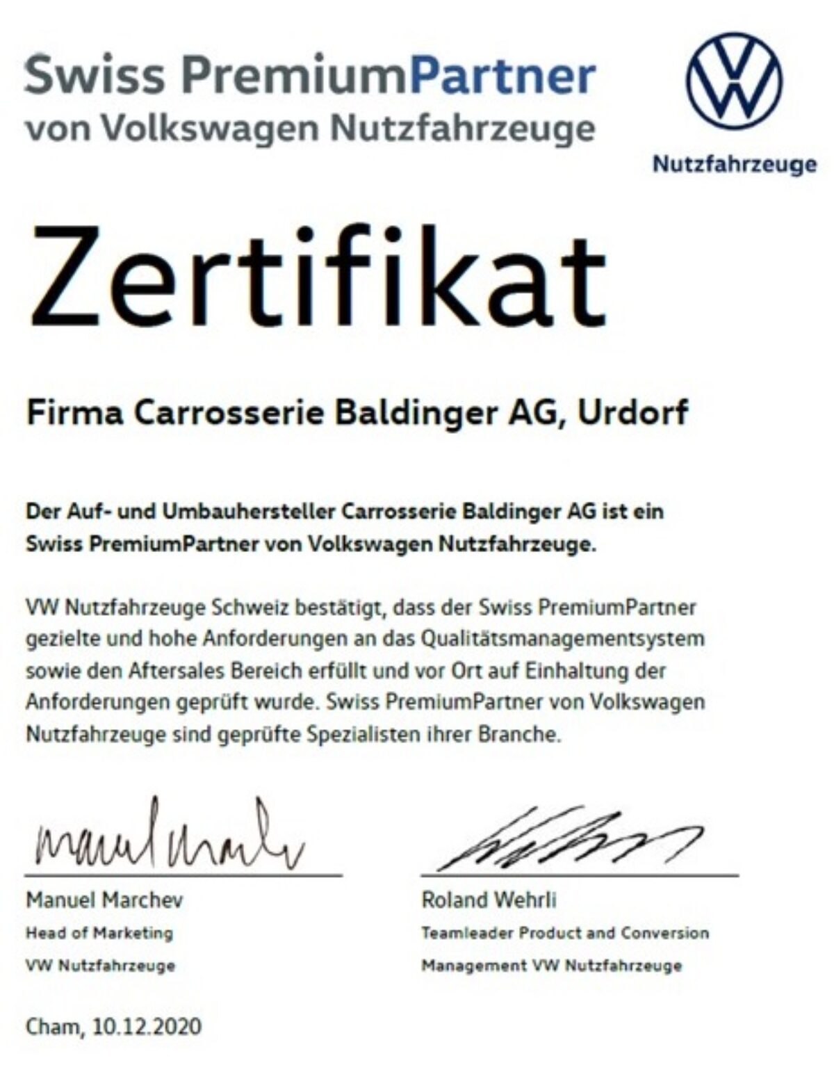 Swiss PremiumPartner von Volkswagen Nutzfahrzeuge - Baldinger Fahrzeugbau Zertifikat