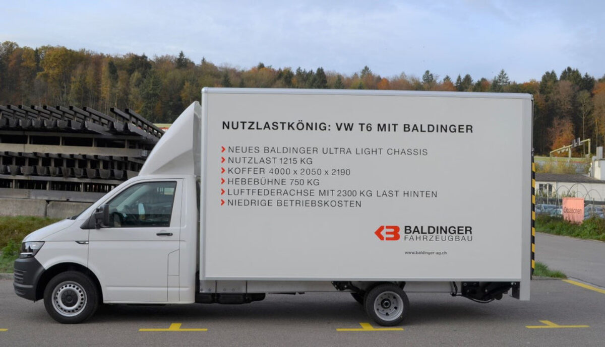 VW T6 Nutzlastkönig mit Baldinger Fahrzeugbau: Nutzlast 1215 KG, Koffer 4000 x 2050 x 2190, Hebebühne 750 KG, Luftfederachse mit 2300 KG Last hinten. Niedrige Betriebskosten