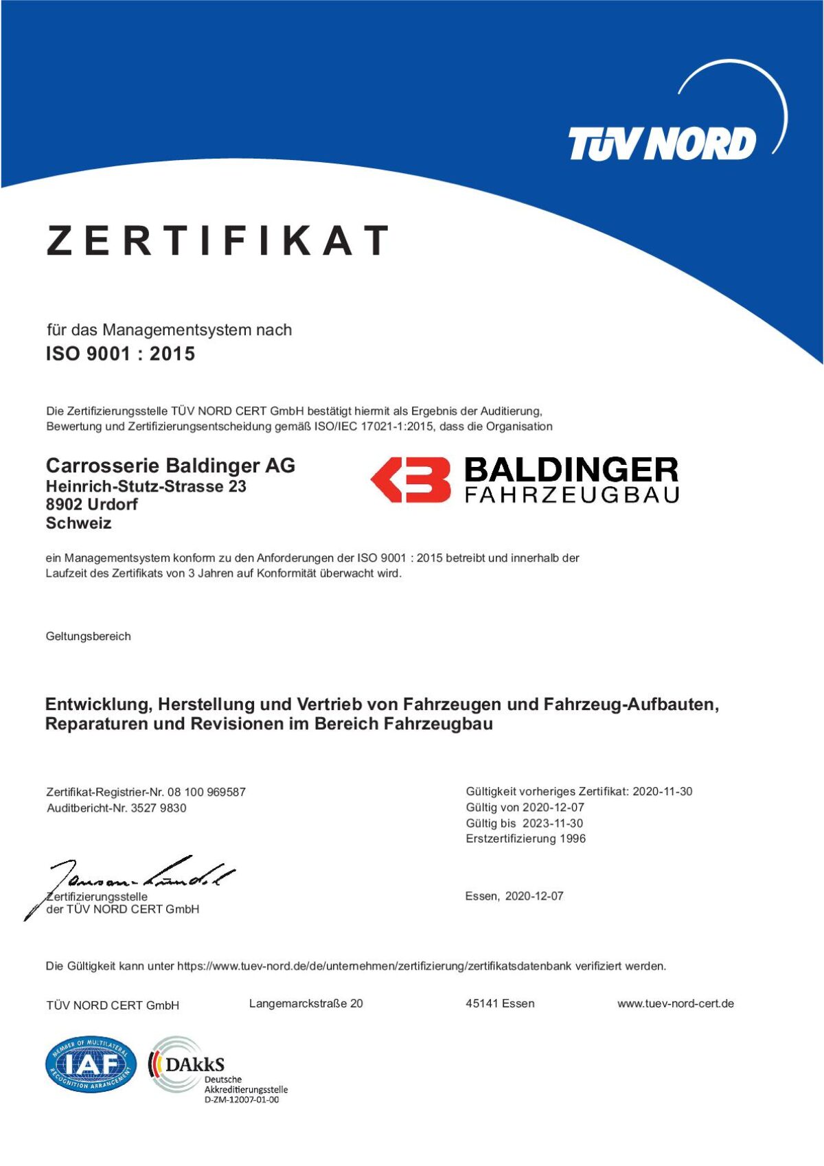 Zertifikate: TÜV Nord der Fahrzeugbau & Carrosserie Baldinger AG Urdorf