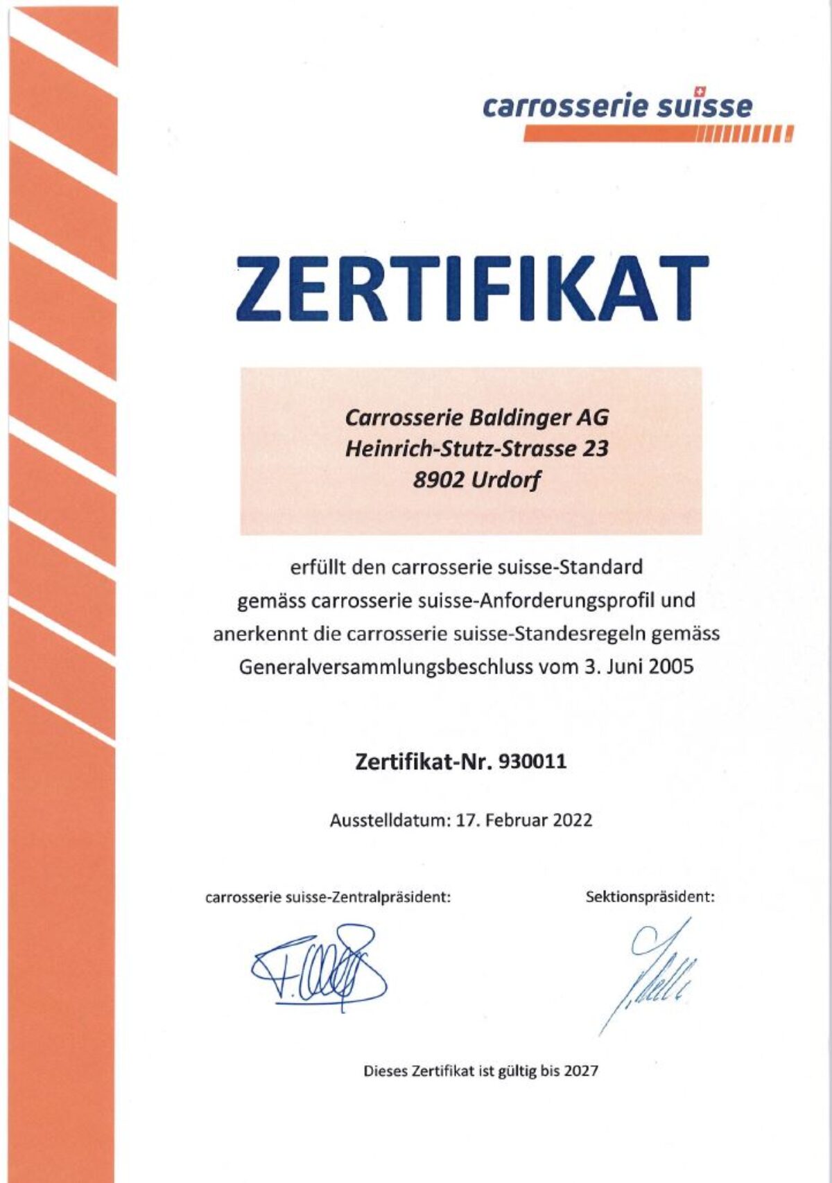 Zertifikate: Carrosserie Suisse der Fahrzeugbau & Carrosserie Baldinger AG Urdorf