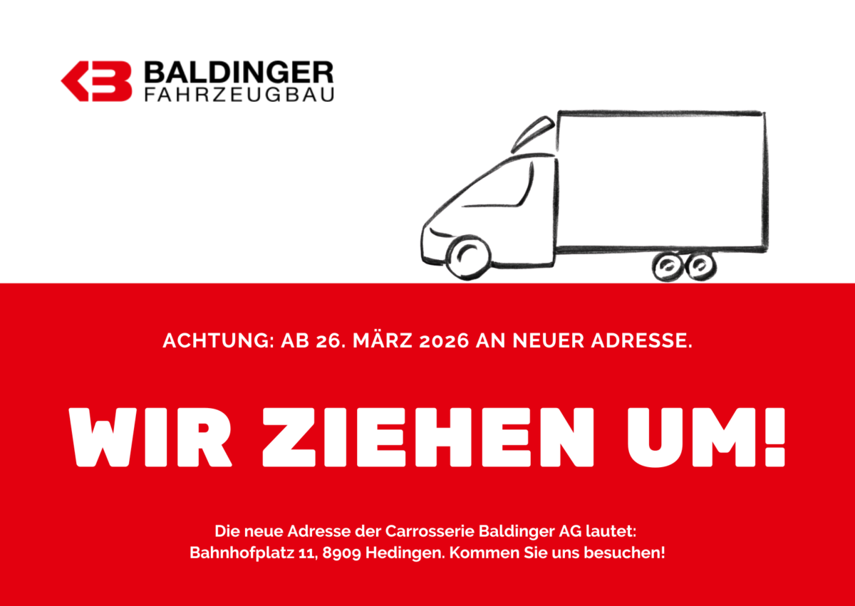 Achtung: AB 26. MÄRZ 2026 AN neuer Adresse. Wir ziehen um! Die neue Adresse der Carrosserie Baldinger AG lautet: Bahnhofplatz 11, 8909 Hedingen. Kommen Sie uns besuchen!